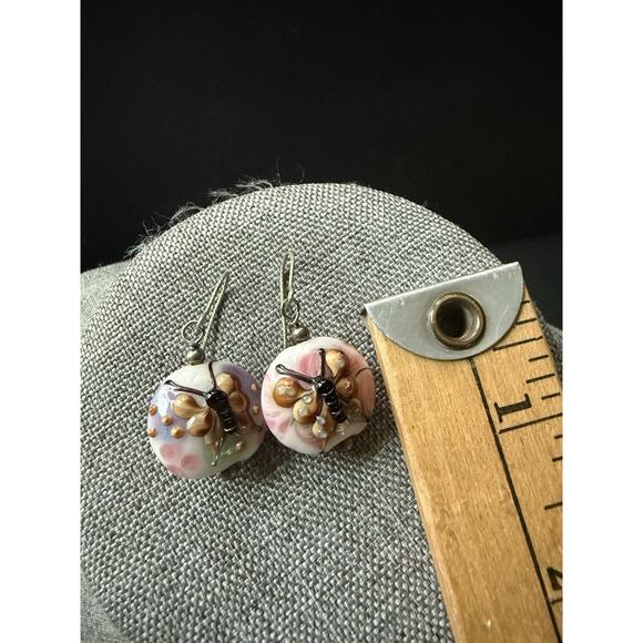Lamp Work Glass Bead Earrings Dangle Drop Artisan Butterfly Art To Wear Whimsy - Picture 2 of 3
